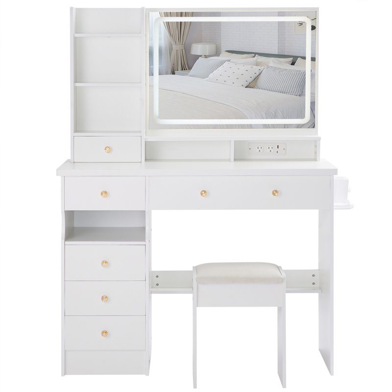 41" Large Size Left Drawer Desktop Vanity Table+Cushioned Stool Dresser Set, White
