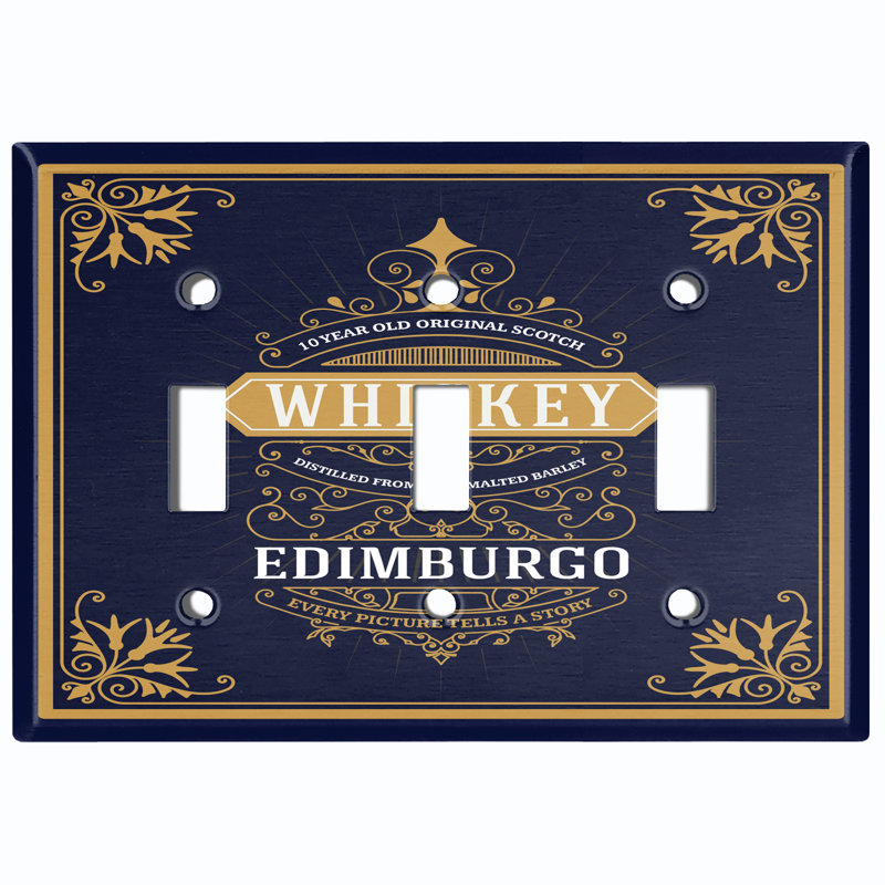 Metal Light Switch Plate Outlet Cover (Vintage Ten Year Scotch Whiskey Yellow Frame Border Navy - Single Toggle)