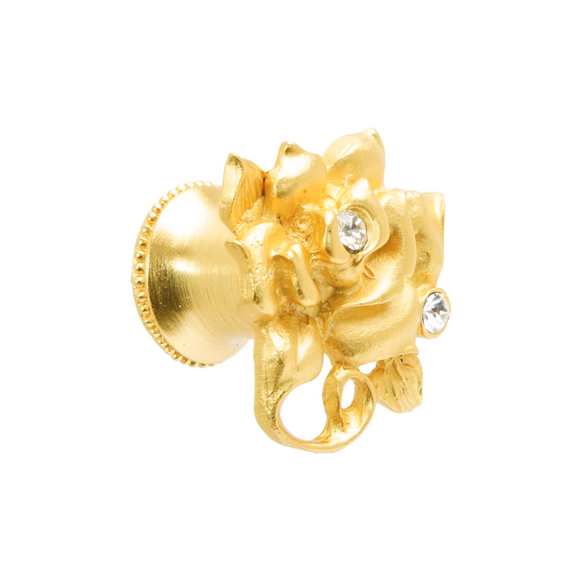 In The Garden rose & leaf knob decorated with Swarovski clear crystals & ruby red glaze in finish Museum Gold, Satin Gold