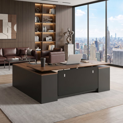 Bureau assis-debout de direction de luxe en forme de L avec caisson de rangement, réglable en hauteur électrique, avec prises électriques, ports USB, étagères de rangement et tiroir verrouillable, finition noyer/noir.