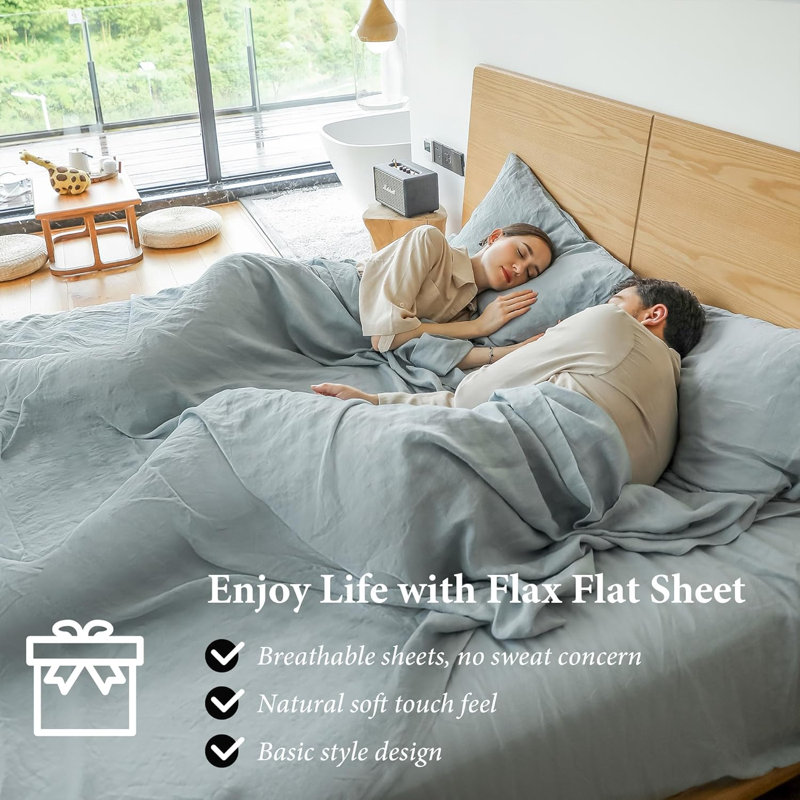 Drap français en lin, literie 100% lin naturel avec pierre délavée, King Flat Sheet, Bleu cendré de base