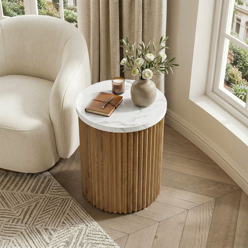 Table de chevet ronde de 23,6 pouces de hauteur avec plateau en faux marbre, forme de tambour, 1