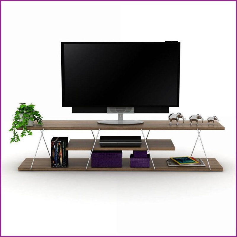 TV Furniture Mid Century Modern 56” TV Stand – 4 Open Shelves, Metal Cord Management, Walnut/Chrome | Walnut | TV Size Ranges