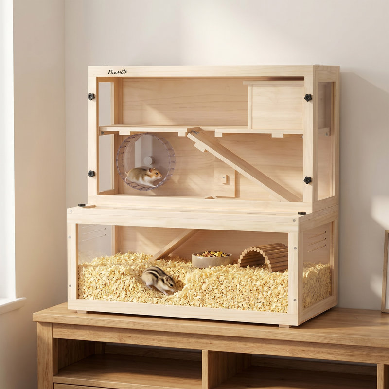 3 Tier Wooden Hamster Cage with Hut Wheel Ramps 80 x 50 x 84 cm