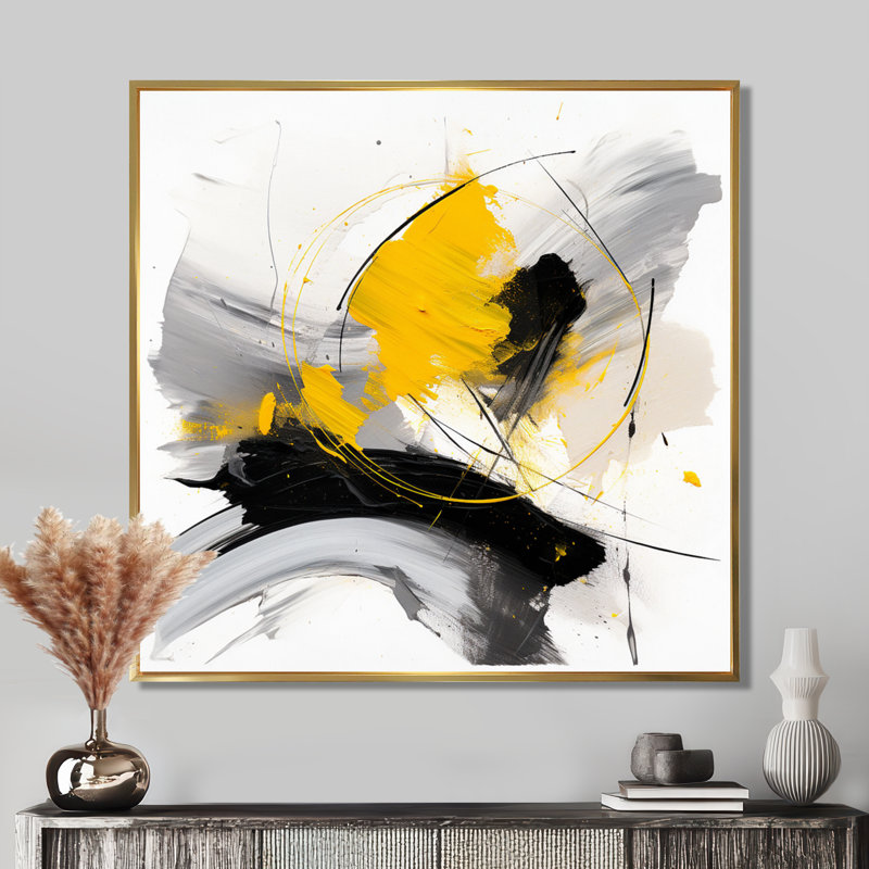 «Fragments of Feeling Yellow and Grey III», reproduction d'art murale abstraite, Cadre flottant doré, H 16 po x l 16 po