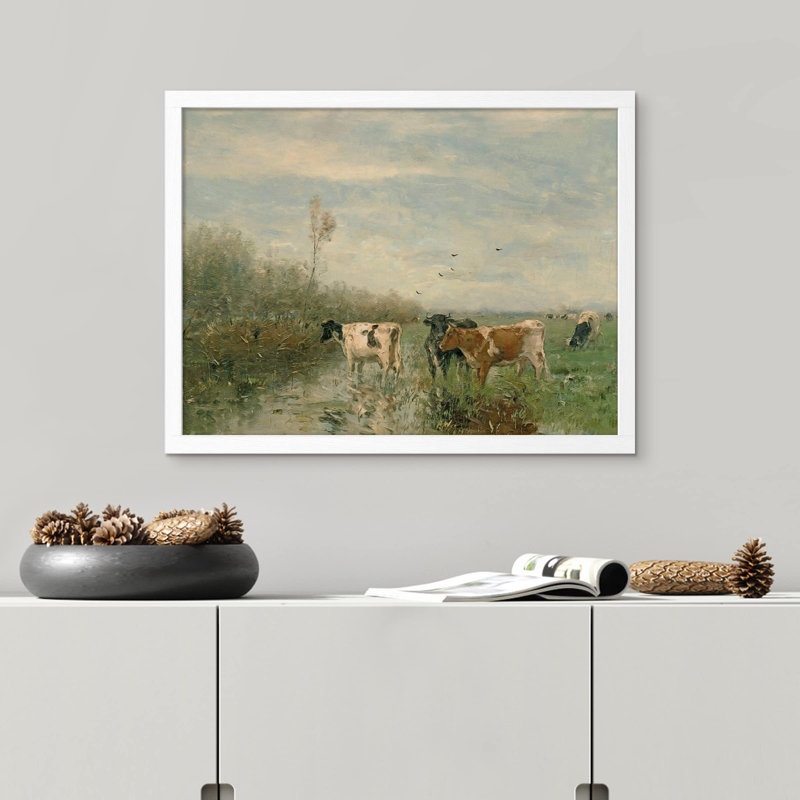 «Pastoral Cow Farm Field» sur papier, H 12 po x l 16 po, Blanc