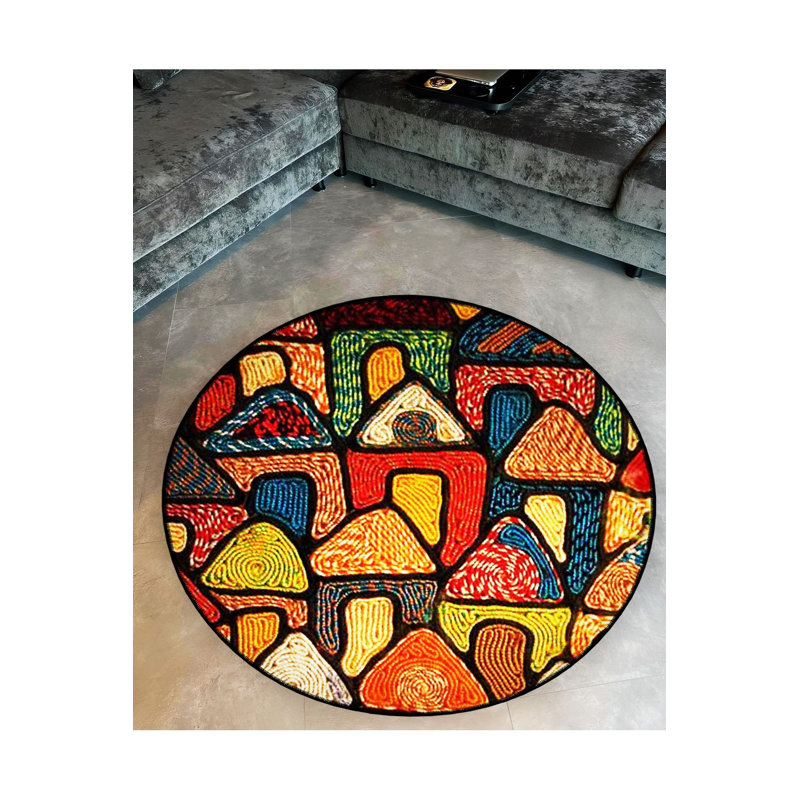 Tapis géométrique multicolore à motif géométrique de maisons rondes à motif tissé rond lavable à la machine, Rond 3 pi 11 po