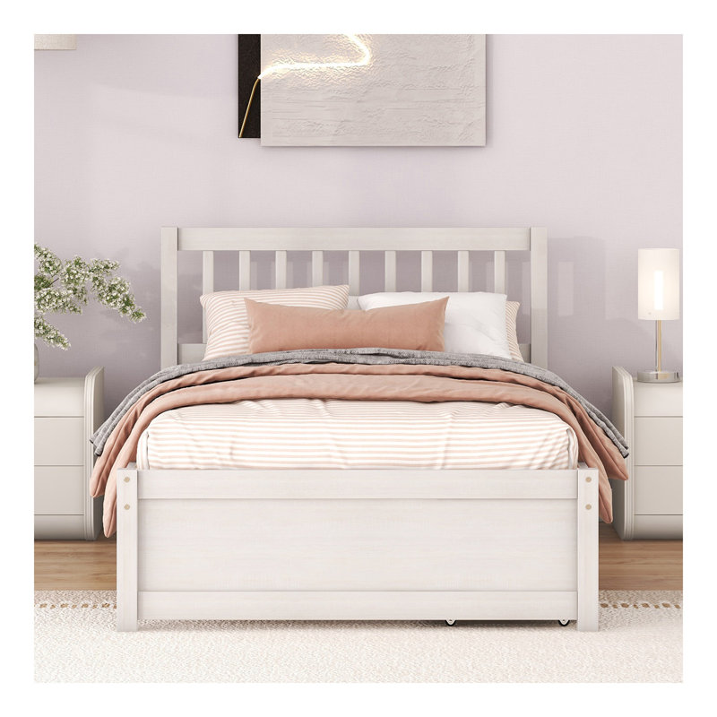 Lit plateforme simple en bois de conception moderne avec 2 tiroirs de couleur blanc délavé