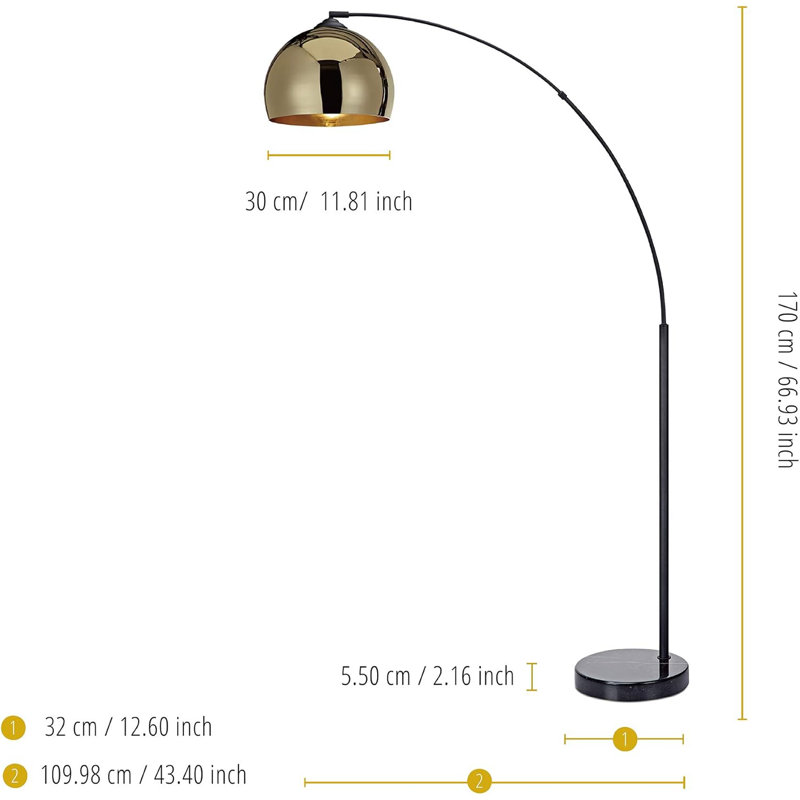 Lampe sur pied avec base en faux marbre noir et abat-jour en forme de cloche dorée pour le salon, la chambre à coucher ou le bureau