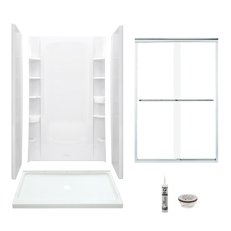 Ensemble de douche rectangulaire sans cadre de 48 po x H 75,75 po avec porte-serviettes et base inclus, Argent, Blanc