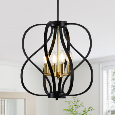 Luminaire de lustre noir et doré, lustre industriel moderne de 18 po de style campagnard, luminaire suspendu géométrique suspendu à 4 lumières sphériques pour vestibule, vestibule, vestibule, vestibule