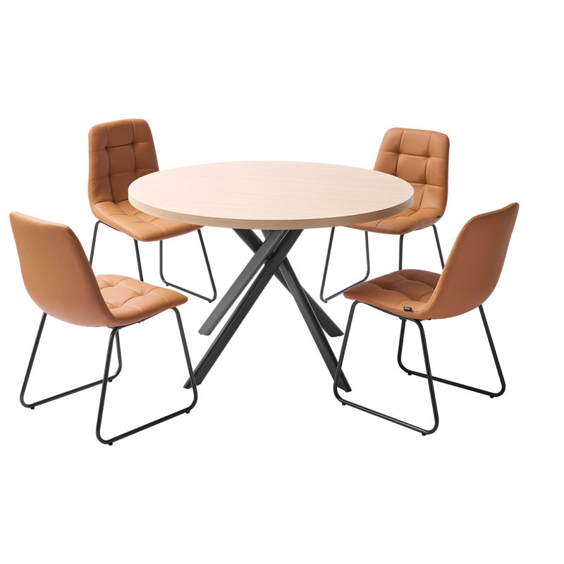 Ensemble de table de salle à manger 5 pièces, table de cuisine ronde peu encombrante avec 4 chaises rembourrées orange, coussins en similicuir, bureau moderne en ton de bois avec patins réglables pour la salle à manger, petits espaces