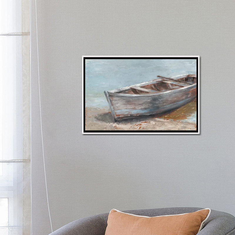 «Whitewashed Boat II» par Ethan Harper - reproduction d'art encadrée, H 18 po x l 26 po x P 1,5 po, Toile blanche encadrée