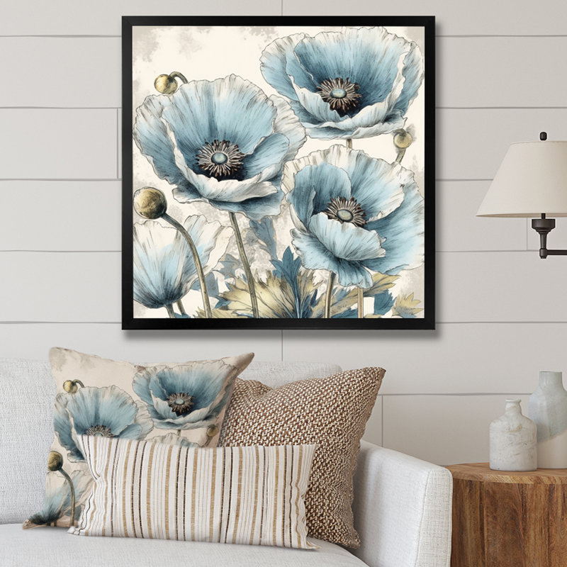 Vibrant bleu blanc pivoine I - pivoines, art mural, Cadre photo noir, H 16 po x l 16 po x P 1 po