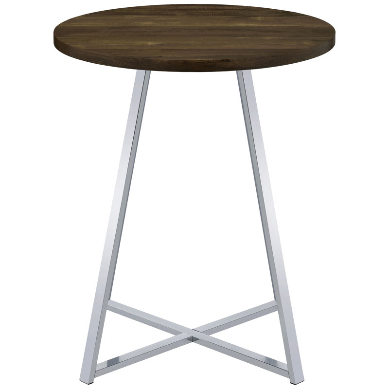 Table bistro ronde en chêne brun de 35 po de hauteur avec base évasée et pieds pour la salle à manger