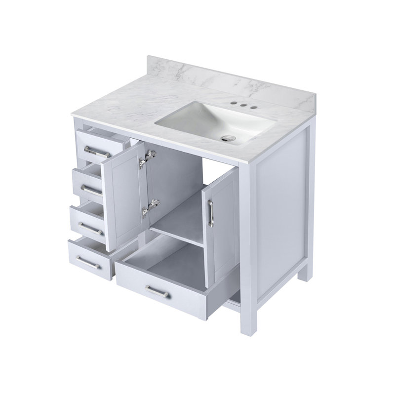 Meuble-lavabo blanc 36 po X P 22 po D, excentré à droite et plateau en marbre de Carrare, Blanc