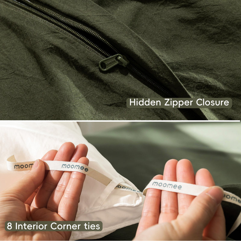 MooMee Lightweight Duvet Cover Set with Zipper Closure 8 Ties 100% Washed Cotton Linen Like Textured Soft Breathable All-Season