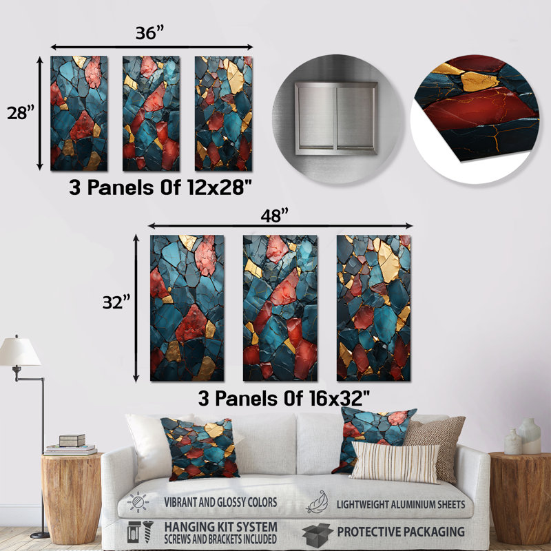 «Blue and Red Marble Elegance I», ensemble de 3 reproductions d'art mural en métal, H 28 po x l 36 po