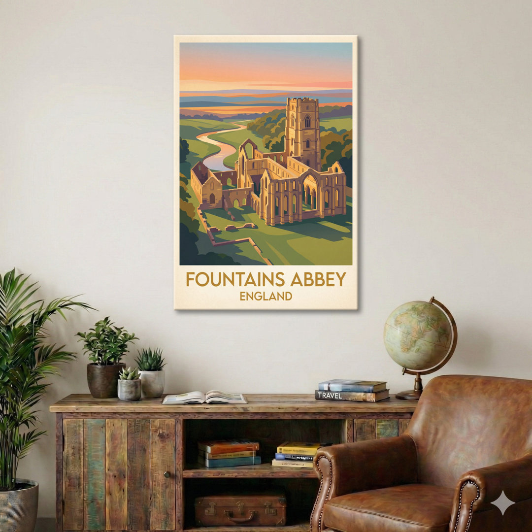 Fountains Abbey, England - Romantic Travel Poster of Yorkshire Ruins at Sunset. Giclee Print on Wrapped Canvas. Wall Art, Home Decor - Religious & Cul