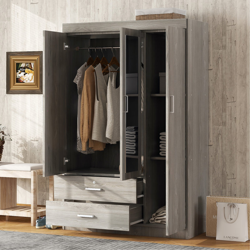 Stylish And Functional Three-Door Wardrobe With Built-In Mirror And Ample Storage, Grey
