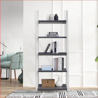5-Tier Ladder Shelf, Modern Storage Rack with Rubber Wood Frame &amp; MDF Shelves | Solid Wood+MDF