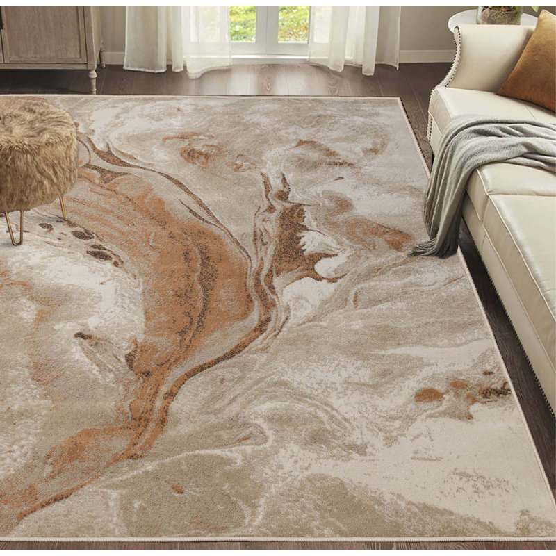 Abstract Machine Woven Marble Mocha Swirl Polypropylene Area Rug in Beige, Rectangle 5' x 8', Beige
