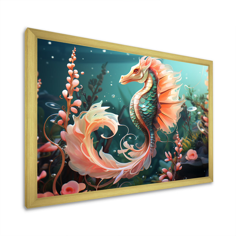 Rose, corail et hippocampe, Cadre doré à coins fermés, H 24 po x l 32 po x P 1 po