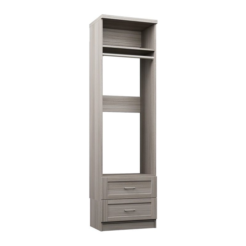 Grey Oak 19.5" Floor-Mounted Closet Section with 1 Clothing Rod, 1 Shelf & 2 Shaker Drawers, 19.5, Grey Oak