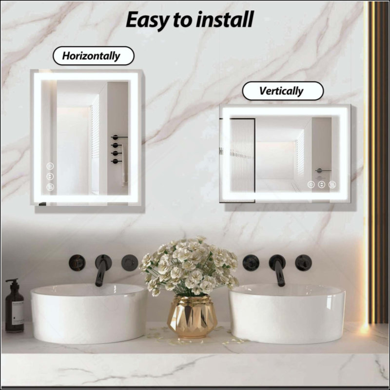 Miroir de salle de bain à DEL avec éclairage avant et rétro-éclairé, antibuée et à intensité variable