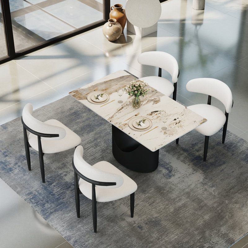 Fairy 5-Piece Modern Rectangular Sintered Stone Dining Table Set With 4 Solid Wood Chairs, Pandora