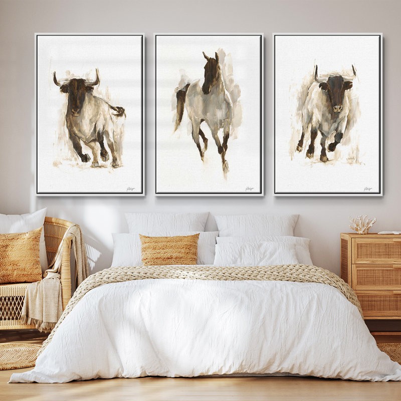 Rustic Bull II, ensemble de 3 toiles encadrées sur toile, Blanc, H 27 po x l 54 po