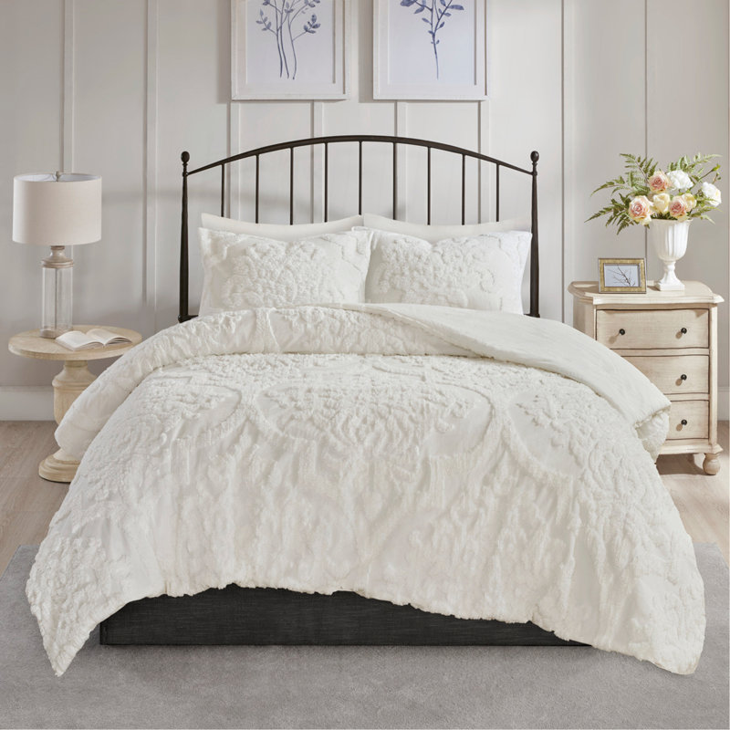 Ensemble d'édredon damassé en coton 3 pièces capitonné blanc cassé / grand, Édredon double / grand et 2 taies décoratives