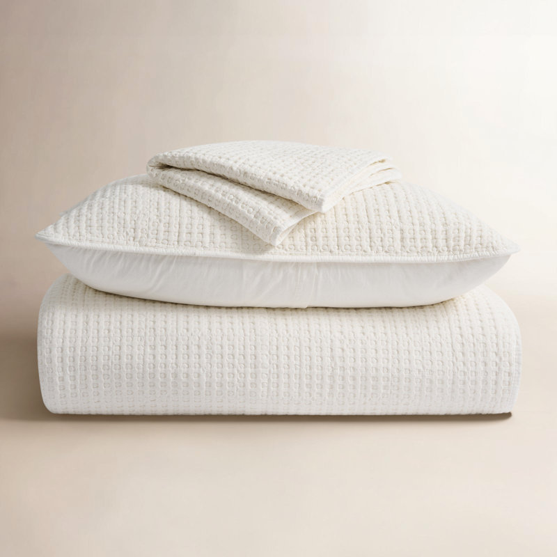 Ensemble de courtepointe 100% coton gaufré Stonewashed, Courtepointe grand + 2 couvre-oreillers standard, Blanc brillant