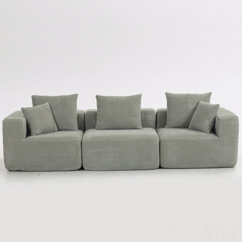 Modular 3-Seat Sectional Sofa, All-Foam Deep-Seat Couch With Plush Textured Chenille, Compressed Shipping & Tool-Free Setup, Low-Profile Design For Small Spaces, 111" W × 37" D × 23.6" H-Light Green