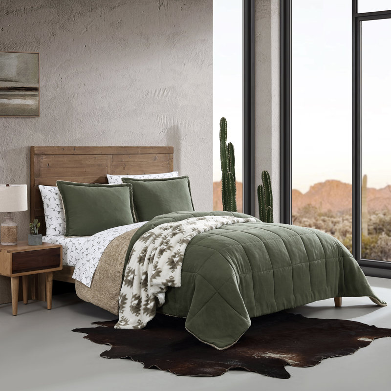 Wrangler Legendary Solid Microsuede/Sherpa Reversible Comforter Set, Green, King Comforter + 2 King Shams