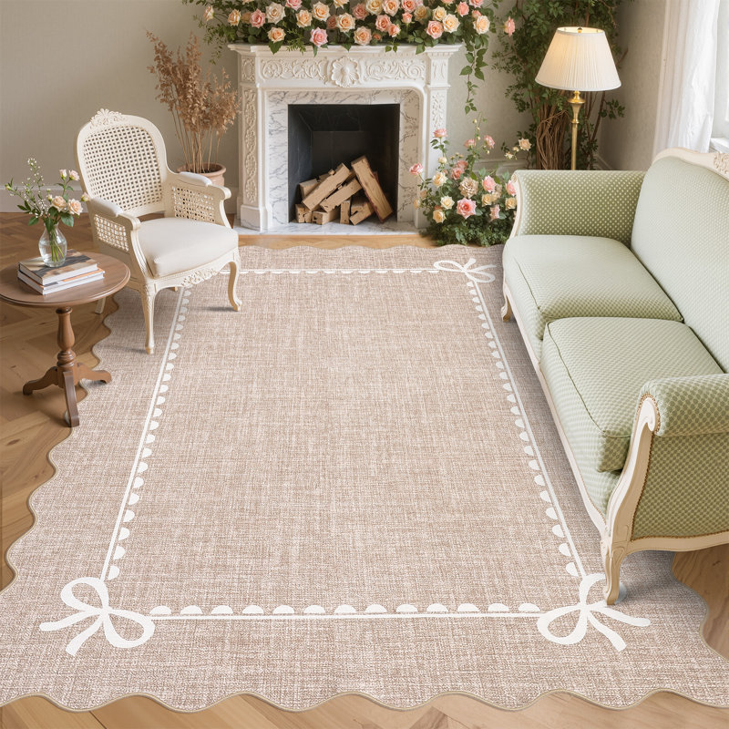 Tapis festonné lavable à nœuds pour chambre de bébé et couloir, Tan, Rectangle 9' x 12'