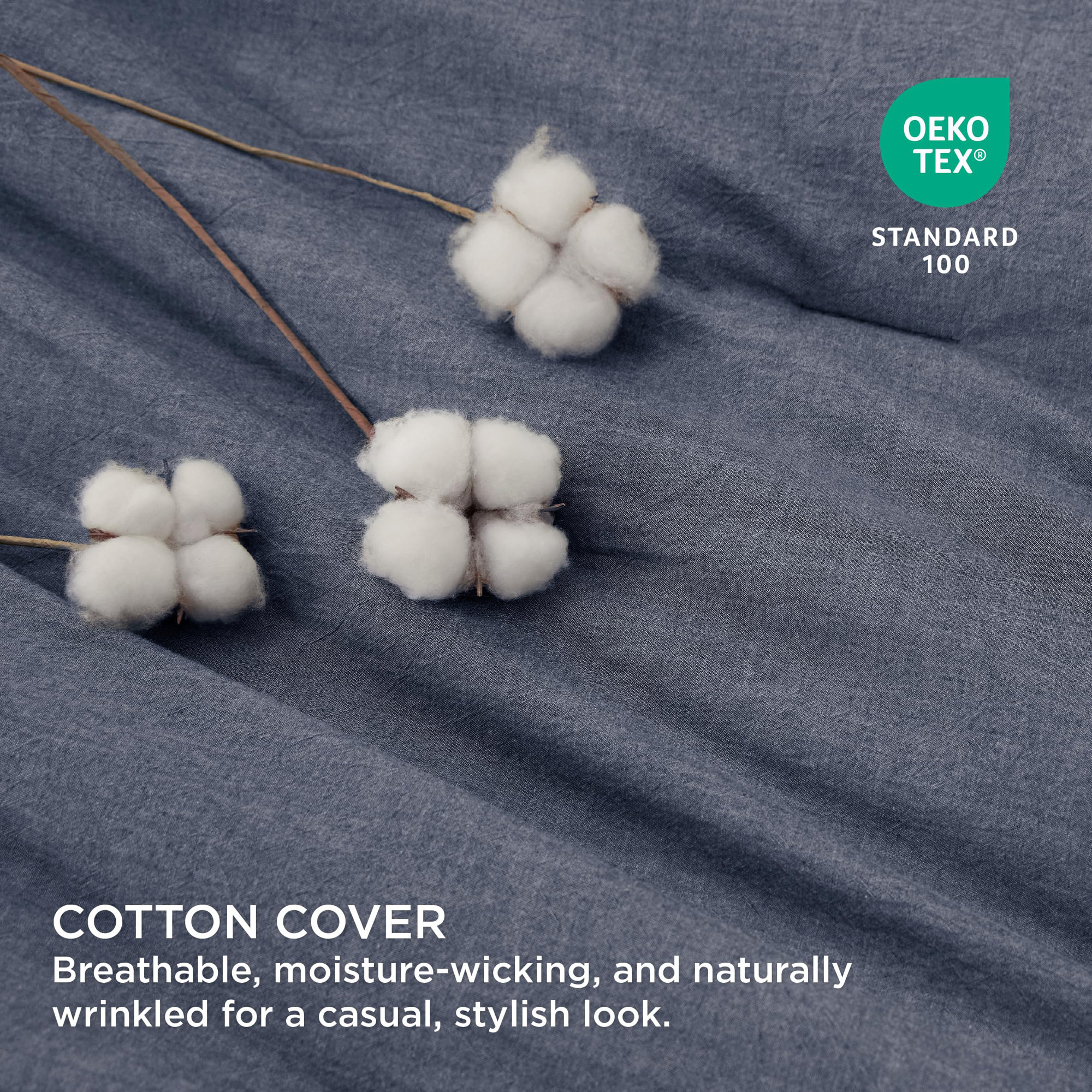 Bedsure Pre-washed Comforter Set with 100% Cotton Outer Covert,  143TC, Queen Comforter + 2 Additional Pieces, Denim Blue