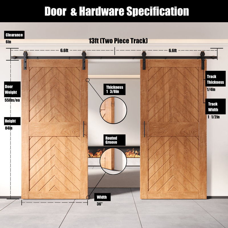 Porte de grange 4-en-1 finie et non assemblée avec deux pièces de quincaillerie avec support d'installation non encastrée Homacer 36 po x 84 po Homacer