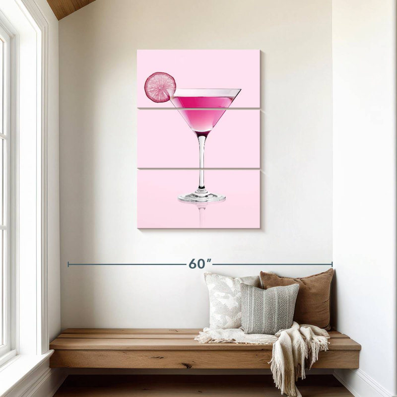 Cocktail rose martini sur toile, 3 pièces, H 45 po x l 28 po x P 1 po