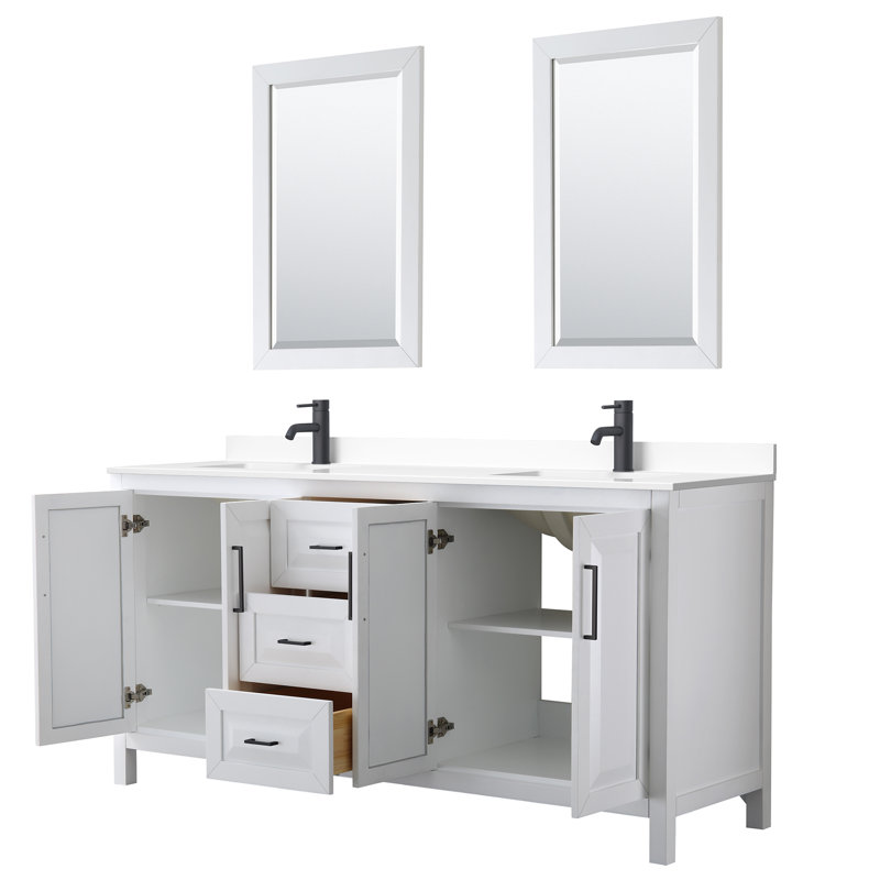 Daria 72'' Double Bathroom Vanity with Carrara Marble Top with Mirror, White Cultured Marble, Brushed Gold, White