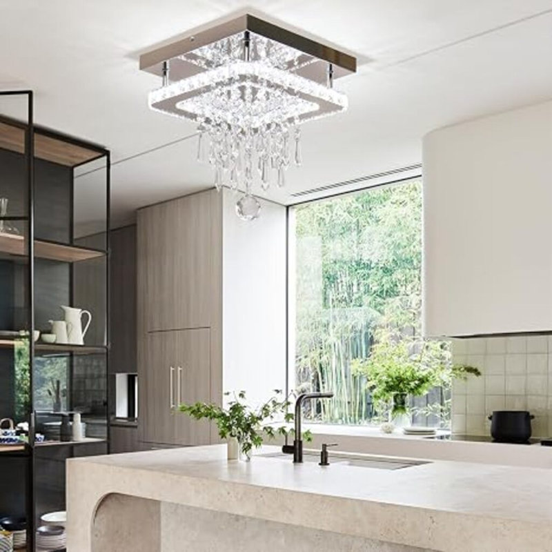 Square Crystal LED Ceiling Light, 20W Modern Flush Mount Chandelier