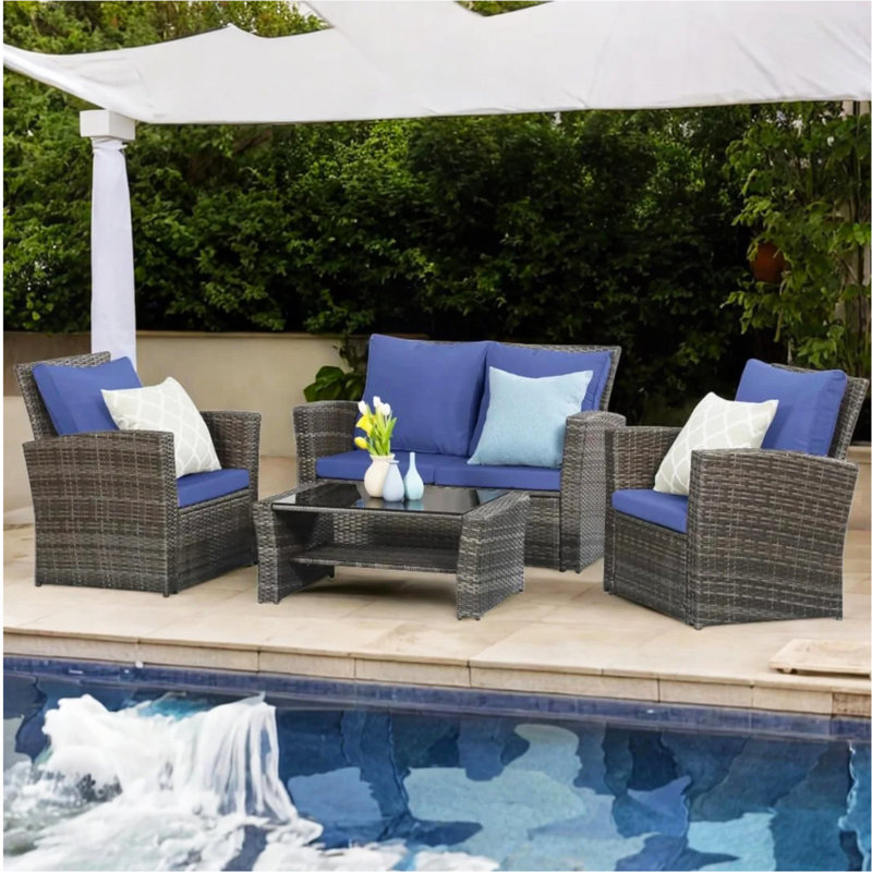 4-Piece Wicker Patio Conversation Set With Glass Table And Blue Cushions, Gray, Blue