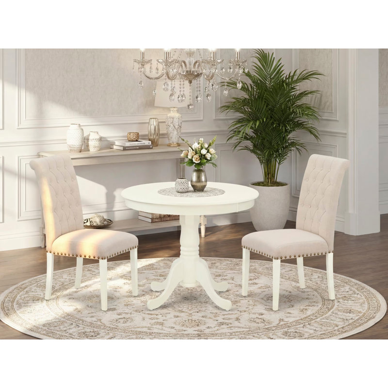 Ensemble de salle à manger en bois massif Valentina, Lin blanc, Beige clair, 3 pièces: table, 2 chaises