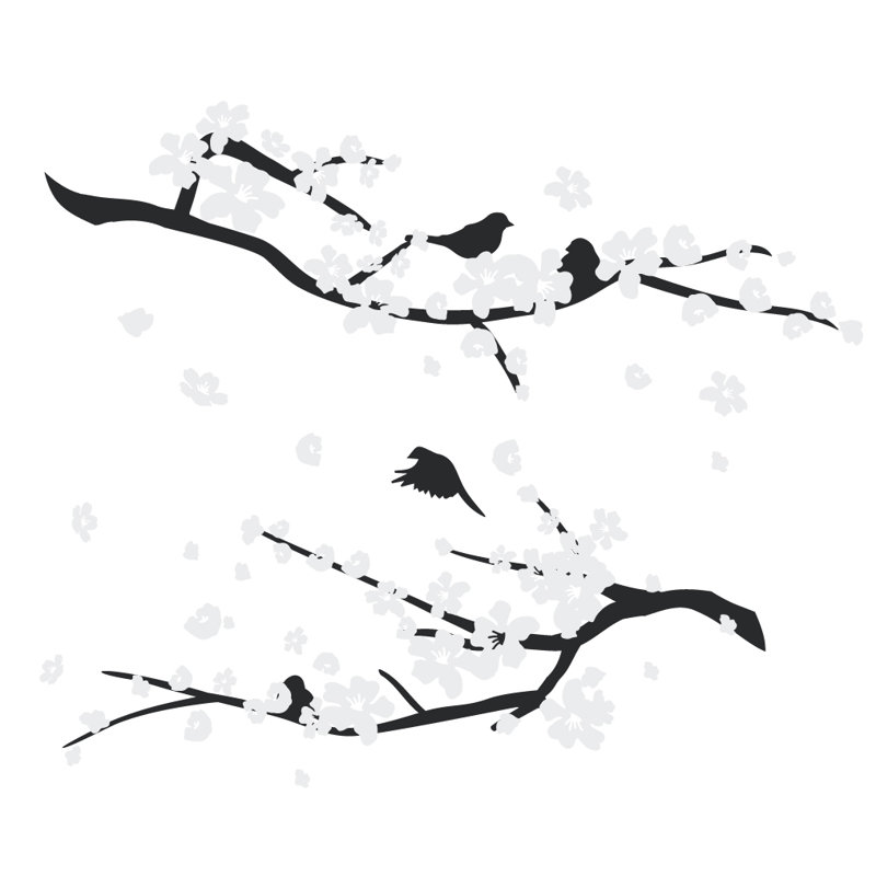 Décalcomanie murale petites fleurs de cerisier, Noir / blanc, H 20 po x l 24 po x P 0,01 po