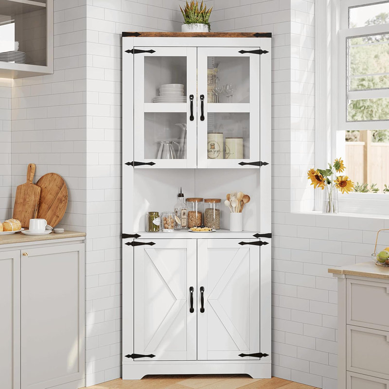 Tall Corner Storage Cabinet with Glass Door, Adjustable Shelves, Farmhouse Style, White