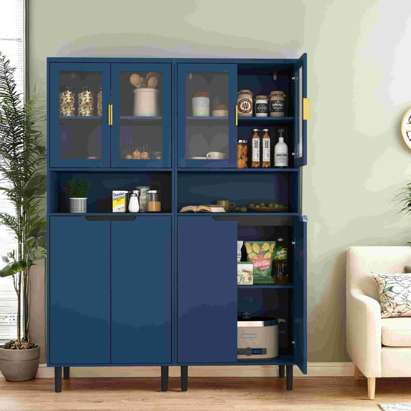 Grande armoire de rangement avec 2 portes vitrées et 2 portes, Bleu