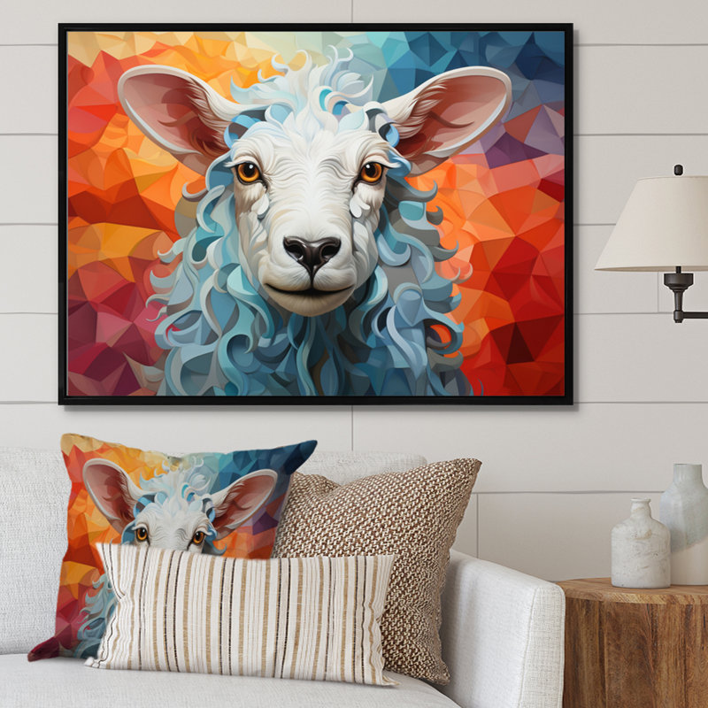 " Sheep Serenity Geometric ", Black Floater Framed, 12" H x 20" W x 1" D
