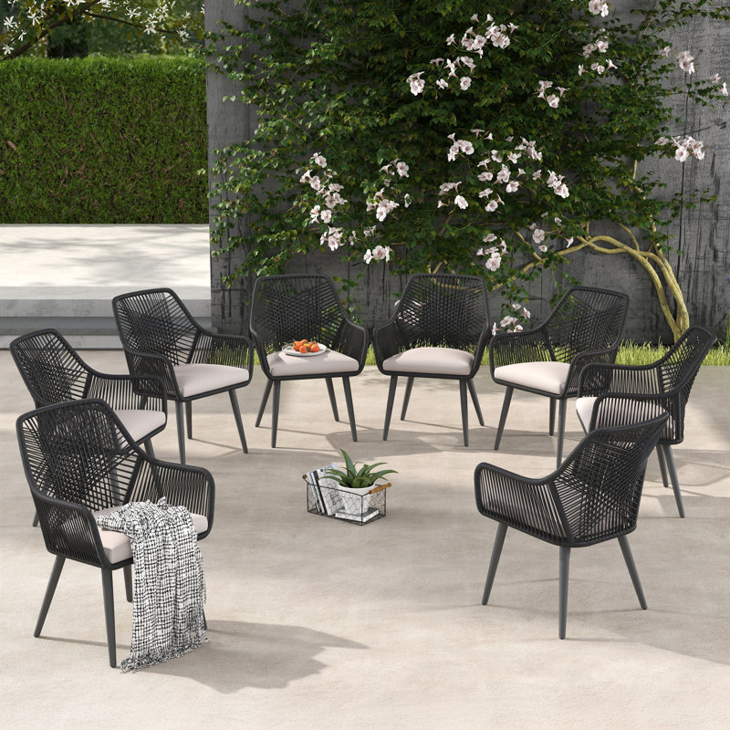 Chaises de salle à manger d'extérieur en rotin avec coussins (ensemble de 8), Coussin crème / cadre noir