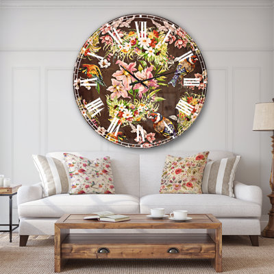 Oiseaux et fleurs colorés - Horloge murale traditionnelle