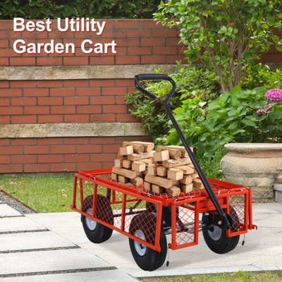 Chariot de jardin en acier d'une capacité de 550 lb avec côtés en filet amovibles et pneus pneumatiques de 10 pouces, chariot utilitaire de 3 pieds cubes pour le travail en cour et l'aménagement paysager